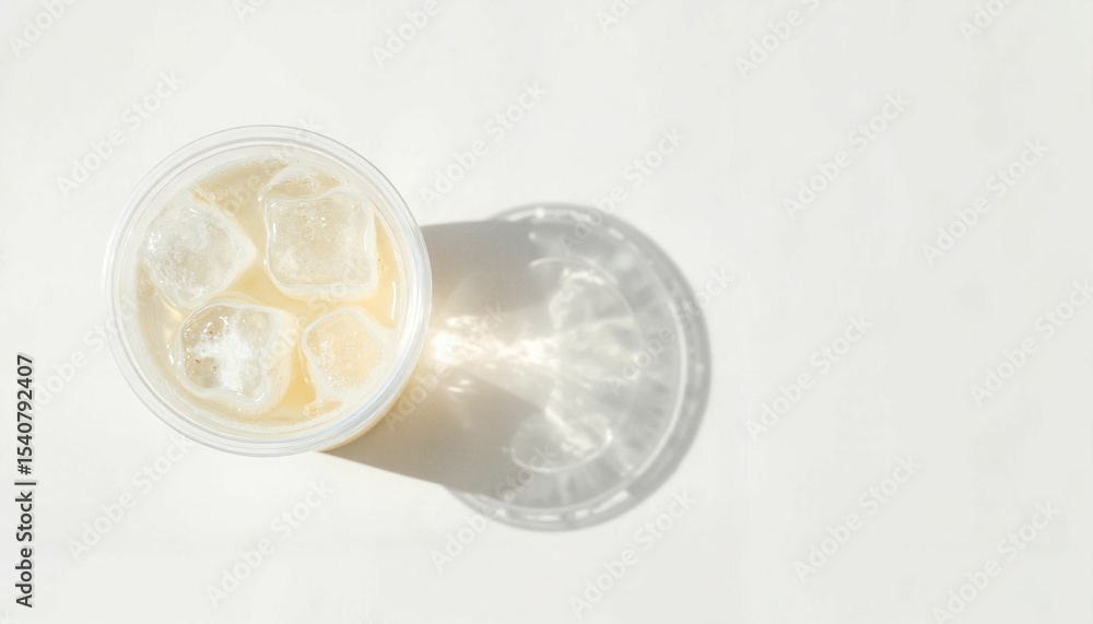 Iced beverage in plastic cup with ice cubes on white background Iced beverage in plastic cup with ice cubes on white background
