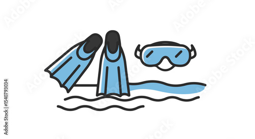 Swim fins and a pair of goggles floating on the water, depicting recreational swimming.
