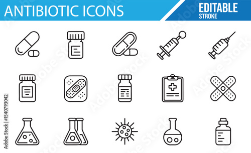 Vector icons of medical treatments and antibiotics for health design