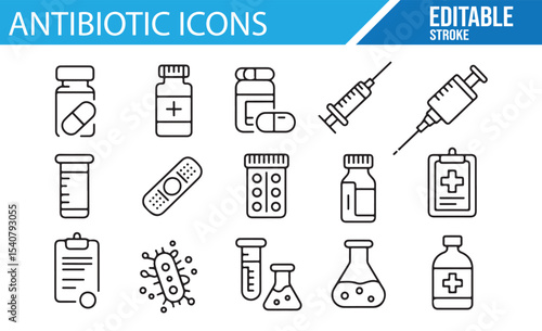 Set of icons for pills, syringes, and antibiotics for healthcare visuals