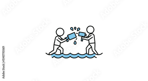 Two figures playfully splashing water at each other in a minimalist illustration.