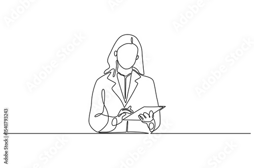 Continuous one line drawing of Healthcare with digital screen. Single line drawing illustration of Woman doctor healthcare. Medical online healthcare concept vector art. Doodle line illustration.