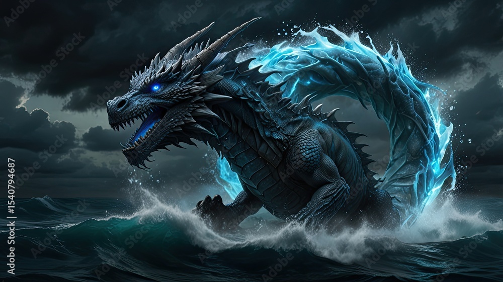 Dragon in stormy sea. 3D rendering. Fantasy illustration scarry dragon Dragon in stormy sea. 3D rendering. Fantasy illustration scarry dragon