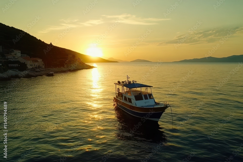 Naklejka premium Serene summer sunset with a boat gently floating on calm waters near coastal hills, Sea boat in the sea in summer at sunset Video 6k