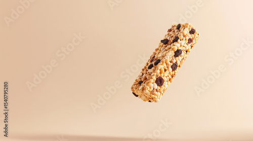 Cereal bar with raisins floating on neutral beige background. Healthy snack concept with copy space for food branding