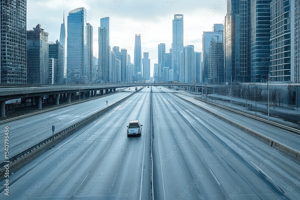 Naklejka premium Traveling along an empty city highway surrounded by tall skyscrapers in cool daylight, Traveling along an empty and desolate city highway, unused due to a global pandemic