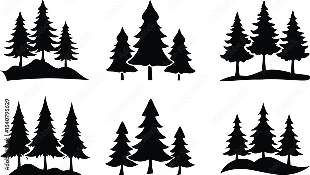 Obraz premium Silhouette Pine Tree Clipart Forest Vector Set
