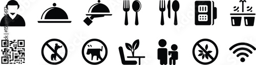 Monochrome Restaurant and Service Icon Set – Vector Illustrations of Dining, Waitstaff, QR Codes, and Restaurant Amenities for Hospitality and Service Designs