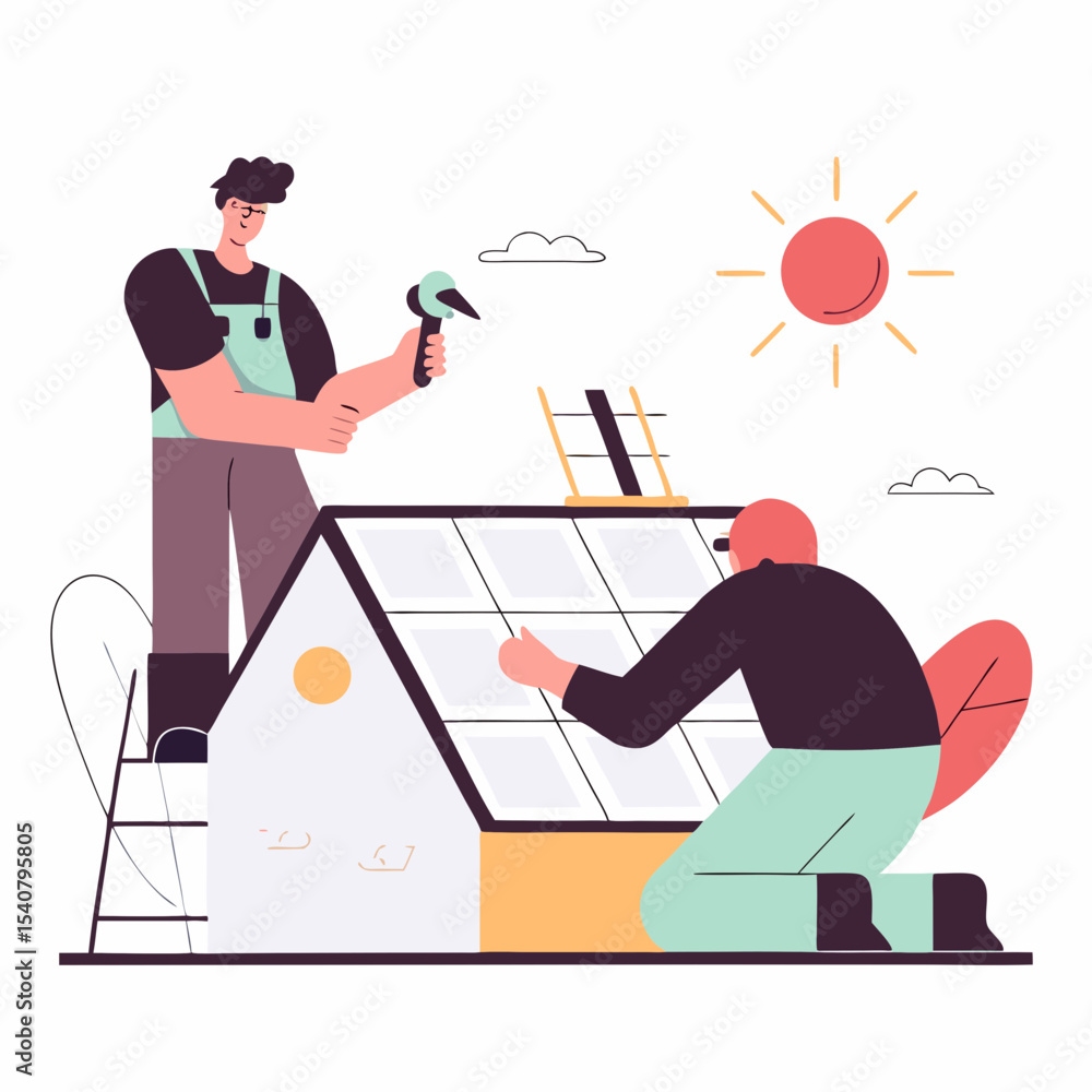 Fototapeta premium Solar Panel Installation Steps – Infographic Vector Infographic vector showing step-by-step solar panel installation on house rooftop with technician and energy flow diagram.