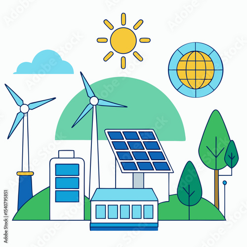 Flat vector illustration of clean energy sources such as solar panels, wind turbines, hydroelectric dam, geothermal and biomass in modern eco-friendly style.