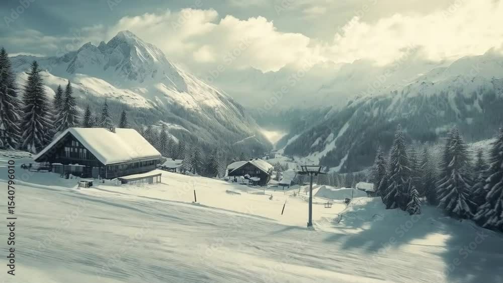 Snow-covered Alpine Village Surrounded by Majestic Mountain Peaks Snow-covered Alpine Village Surrounded by Majestic Mountain Peaks