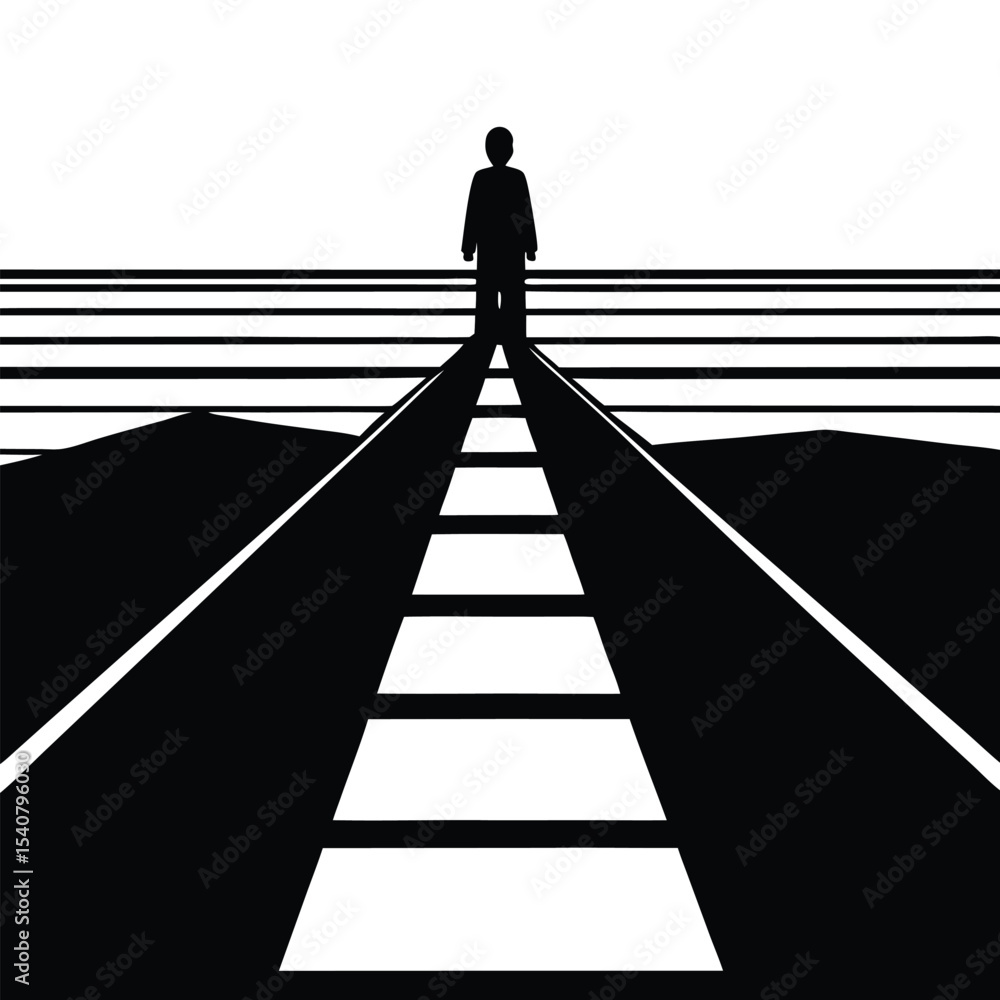 Silhouette of a businessman walking on a wooden path toward light and success Silhouette of a businessman walking on a wooden path toward light and success