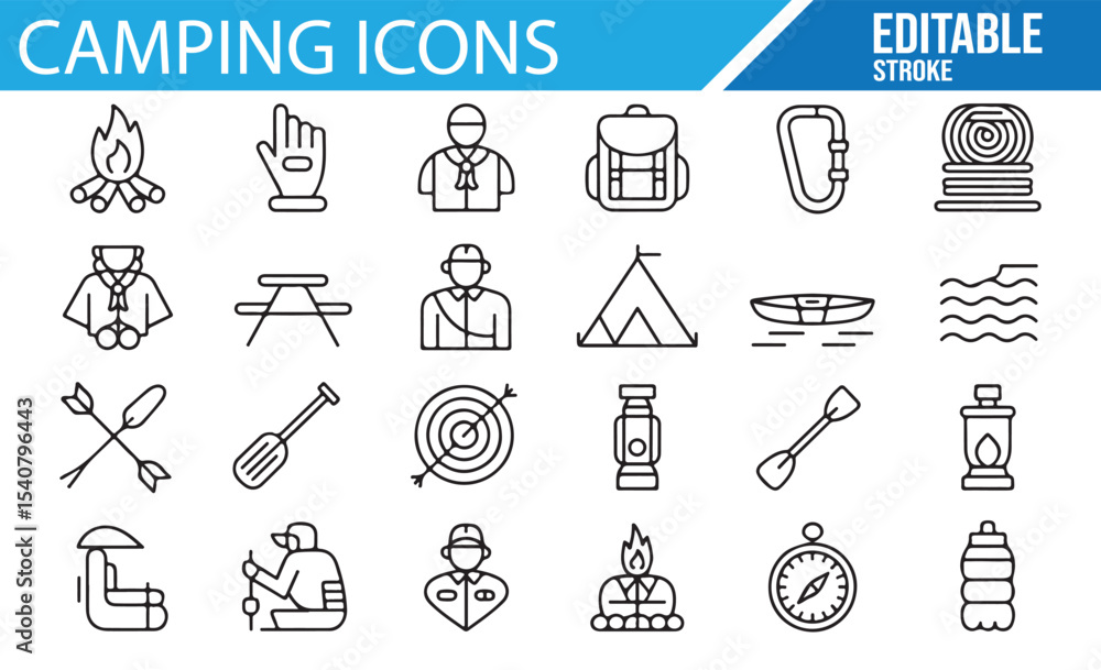 Camping and nature-themed vector icons for travel and exploration
Camping and nature-themed vector icons for travel and exploration