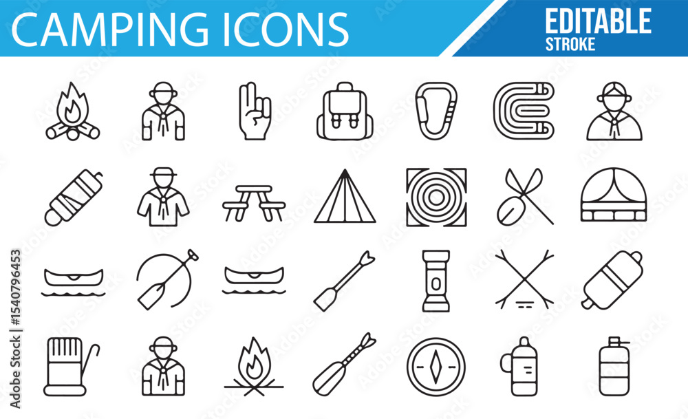 Fototapeta premium Editable vector icons of tents, backpacks, and outdoor gear