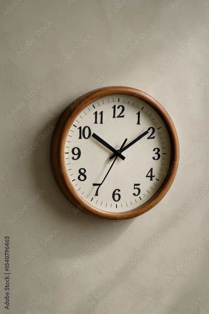 A classic wooden clock on a wall, showing the time A classic wooden clock on a wall, showing the time