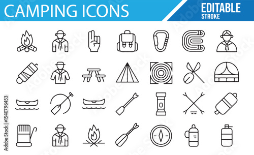 Editable vector icons of tents, backpacks, and outdoor gear