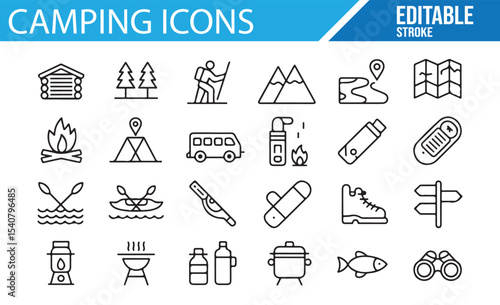 High-quality icons of camping equipment and campfire for outdoor projects