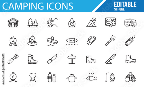 Collection of outdoor camping and hiking icons for adventure designs