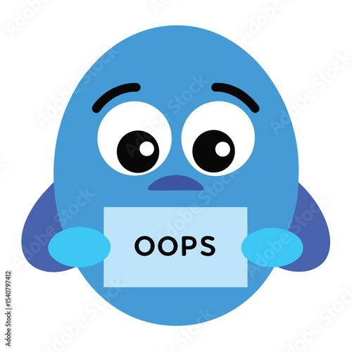 Sad Blue Emoji Character Holding an OOPS Sign with a Sorry Expression