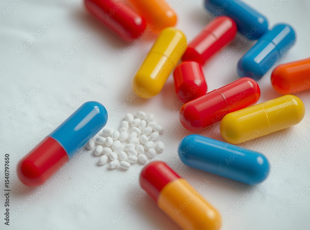 Colorful Capsules and Powder: A close-up shot reveals a scattering of vibrant red, yellow, and blue capsules alongside a small pile of white powder, suggesting pharmaceutical products or supplements. Colorful Capsules and Powder: A close-up shot reveals a scattering of vibrant red, yellow, and blue capsules alongside a small pile of white powder, suggesting pharmaceutical products or supplements.