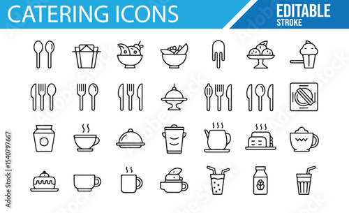 Vector icons of catering items for restaurant and food service designs

