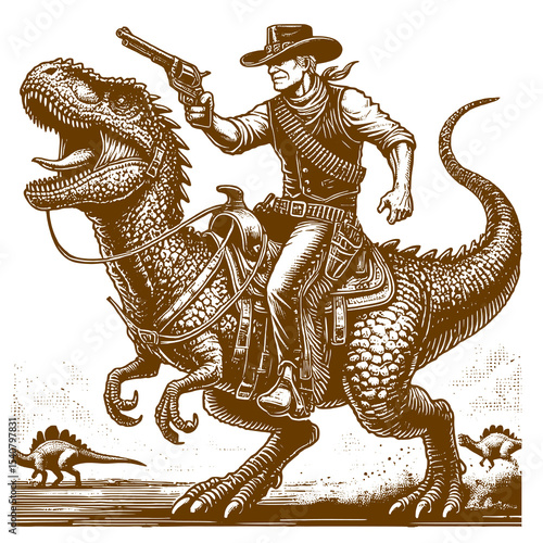 Cowboy Riding Dinosaur with Revolver Vector Illustration