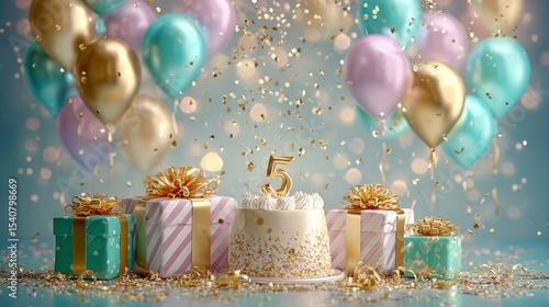 Hbd 5th celebration happy birthday cake and balloons at a party venue