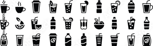 Monochrome Drink and Beverage Icon Set – Vector Illustrations of Coffee, Soda, Smoothie, Water, and Other Refreshing Drinks for Food and Drink Designs