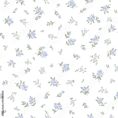 Seamless floral pattern of cute small tiny blue rose flowers with green leaves on white background, simple vintage ditsy draw style. Vector botanical illustration for textile, fabric print, design