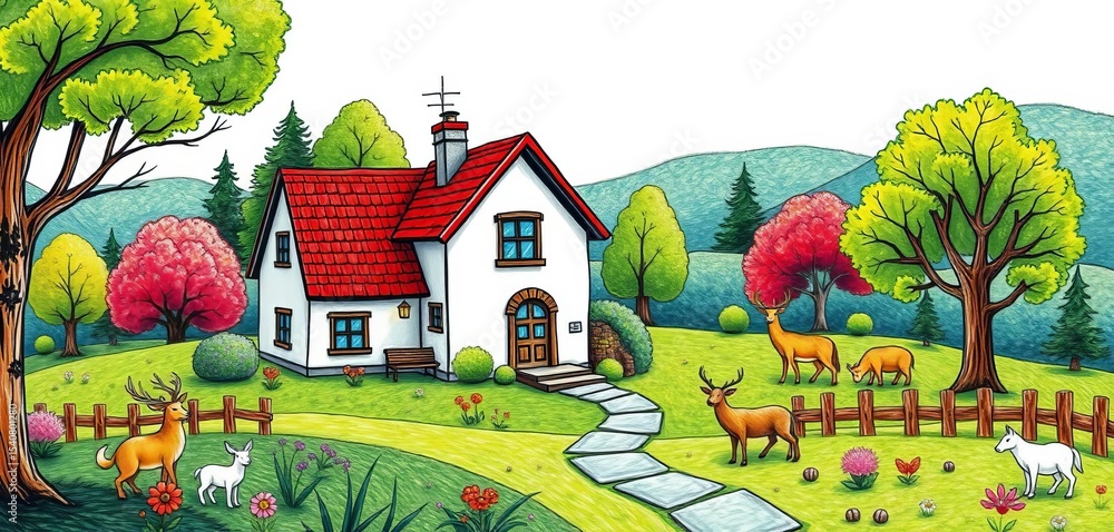 Childlike felt pen drawings of a countryside house, trees, and animals Vector illustrations, landscape, wildlife Childlike felt pen drawings of a countryside house, trees, and animals Vector illustrations, landscape, wildlife