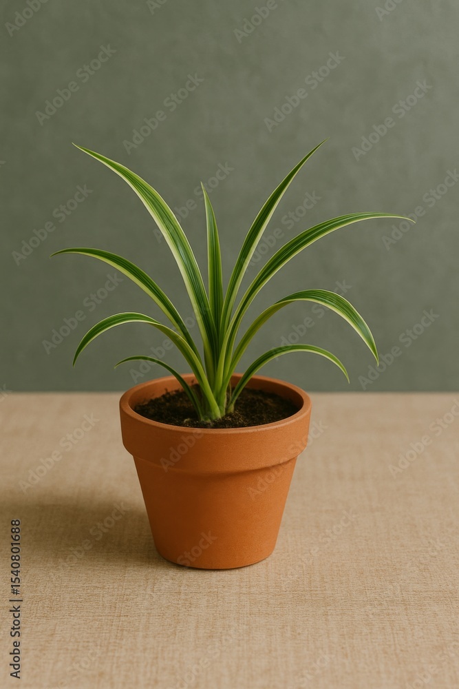 Fototapeta premium A charming spider plant in a clay pot, bringing a touch of nature indoors