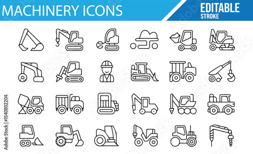 Heavy machinery and vehicle icons for construction designs