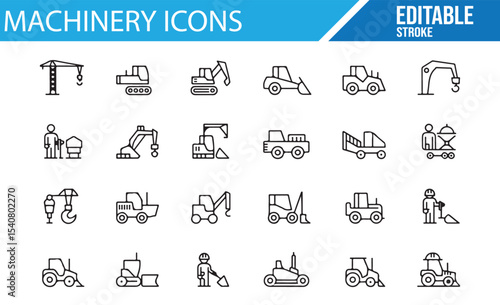 Crane, excavator, and bulldozer vector icons for construction