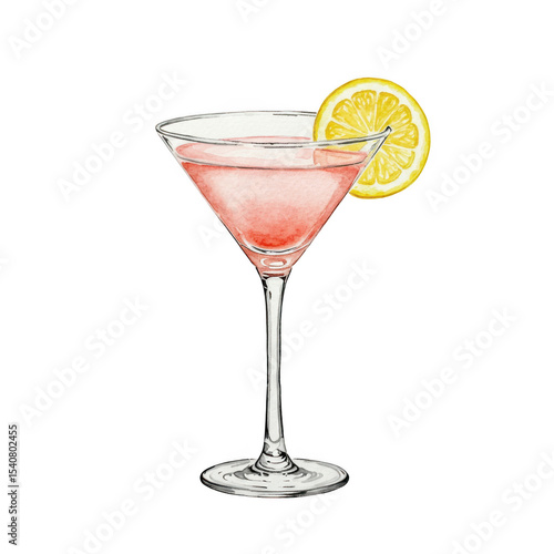 Pink cocktail in martini glass with lemon slice isolated on transparent background