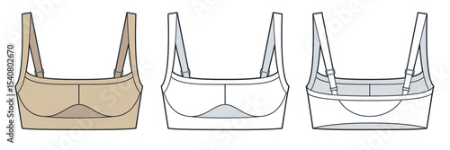 Women Sports Bra with adjustable straps technical fashion illustration. Crop Top fashion flat technical drawing template, slim fit, front and back view, white, beige, womenCAD mockup.