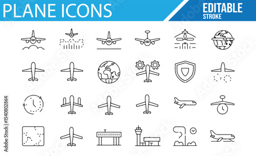 Set of airplane icons featuring various designs, including airplane types, airport symbols, flight schedules, and aviation-related elements in line art style.