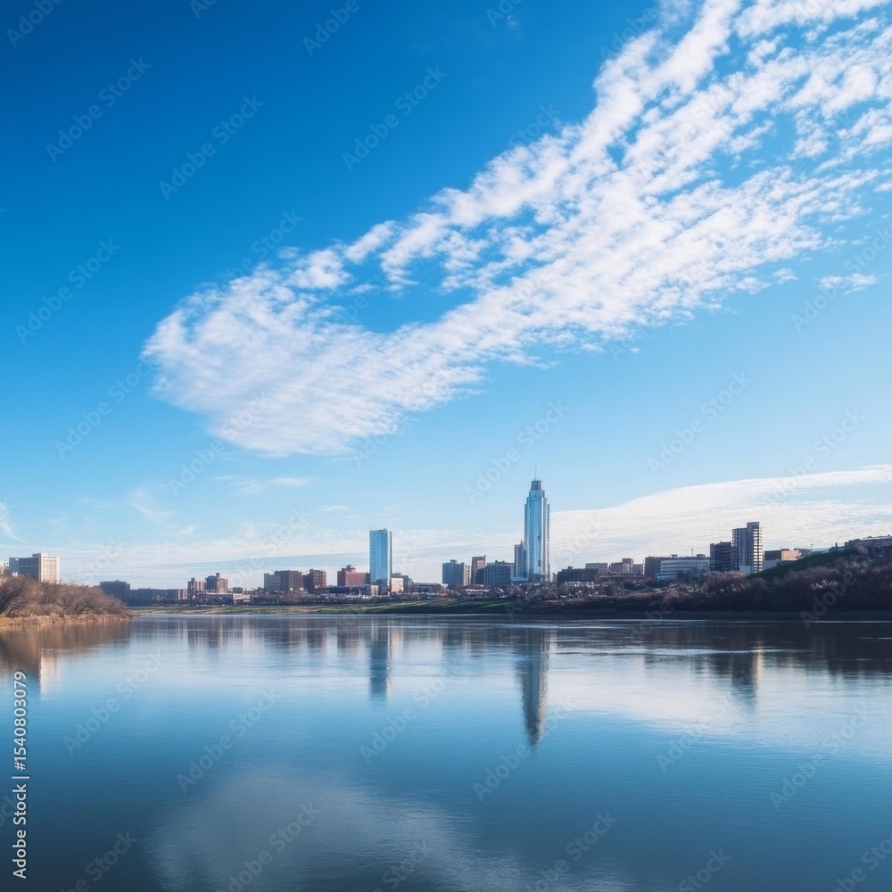 Naklejka premium Cityscape Reflection in Calm Water, Blue Sky, City Skyline Cityscape, River Reflection