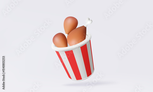 Mockup red white paper box with fried chicken leg isolated on pastel background. Package bucket drumstick fastfood product design. 3d vector icon illustration.