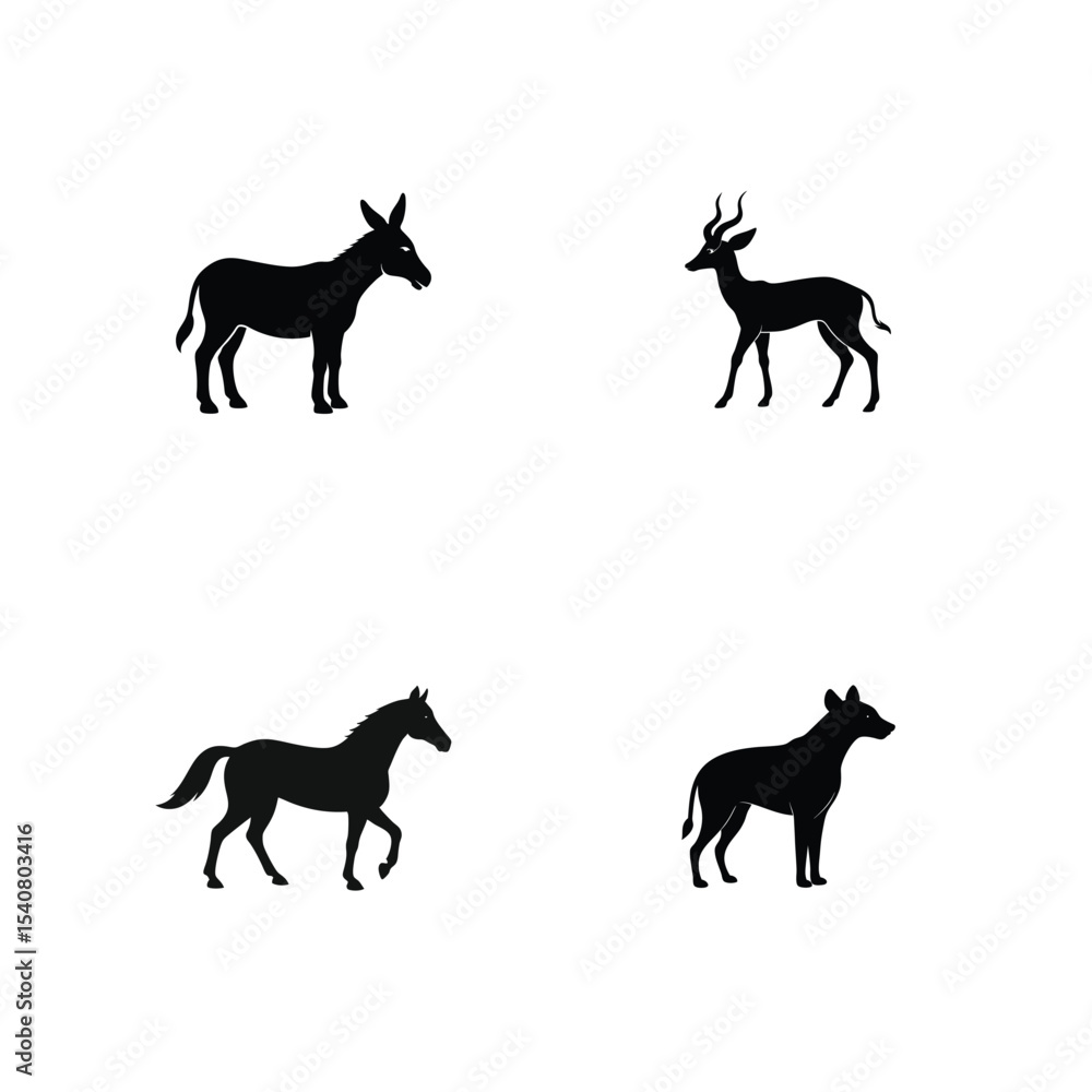 Fototapeta premium Donkey galloping gazelle proud horse and sneaky hyena silhouette Vector illustration