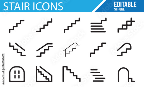 Set of illustrations depicting different types of stairs, including straight, spiral, and escalators.