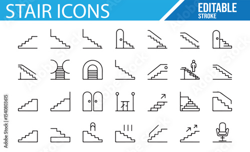 Flat icons for stairs and elevators showing various designs and functional icons for building projects.