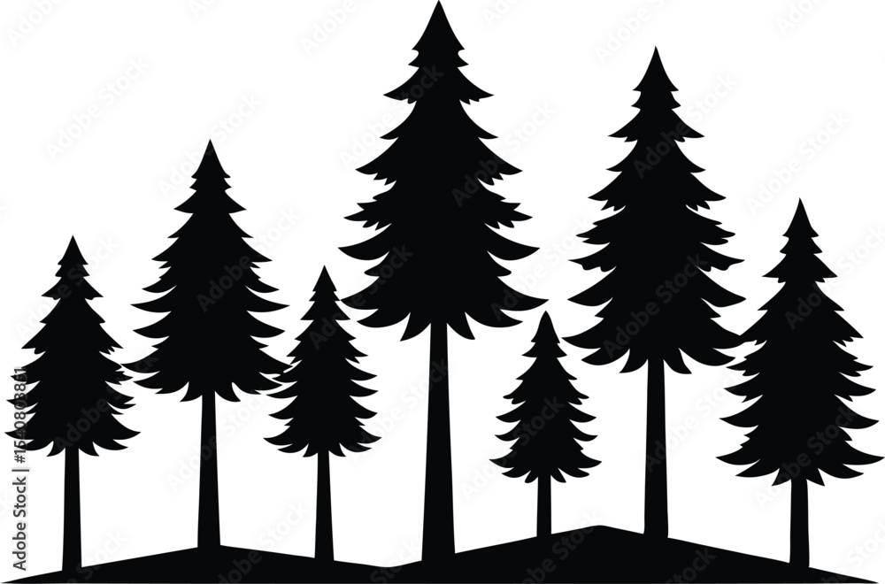 Obraz premium vector-illustration-of-8-pine-trees-with-black-sil.eps