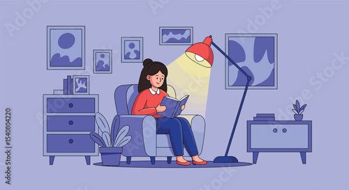 Peaceful Reading Time at Home with Cozy Chair and a Warm Glowing Lamp