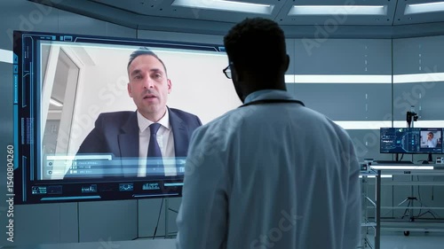 Scientist or doctor talking to holographic colleague in futuristic medical facility - technology communication in research environment