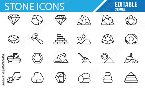 Set of stone icons featuring various designs, including gemstones, mining equipment, crystal formations, and natural rock formations in line art style.