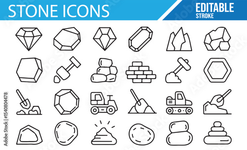 Geological and rock-related icons depicting stone excavation, crystals, and gems for environmental and construction themes.