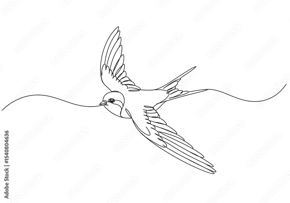 Fototapeta premium A single line drawing of a swallow in flight with a piece of straw in its beak on a white background
