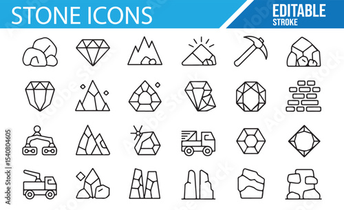 Vector icons depicting various stone types, mining machinery, and natural rock formations.