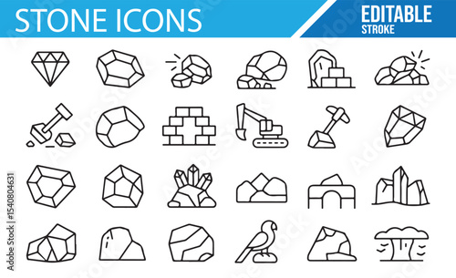 Illustrative icons of different types of stones and minerals, including gemstones, crystal formations, and excavation tools.