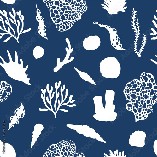 Seamless vector pattern with white silhouettes of seashells and corals on a blue background. Ideal for marine, ocean, and beach-themed designs. Perfect for textiles, wallpapers, and digital prints.